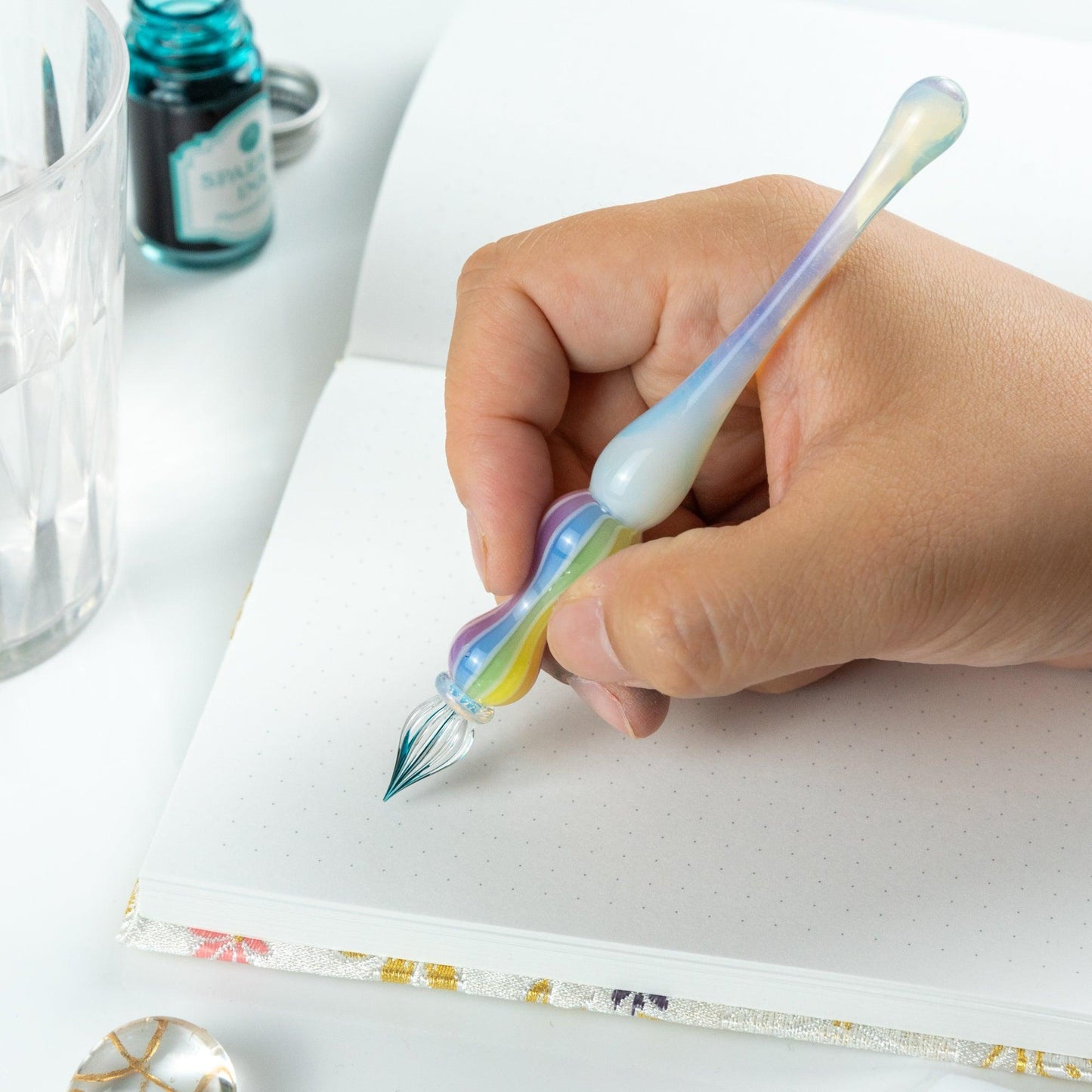 Dreamy Rainbow Balloon Glass Dip Pen | White